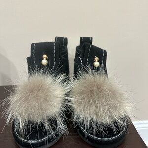 Black Fur Pom Pom Boots